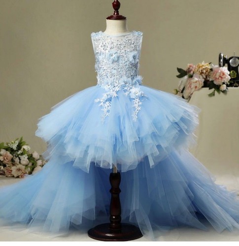 Hi-Lo Flower Girl Dresses Detachable Train Toddlers Pageant Dress Teen Kids Blue - Picture 4 of 12