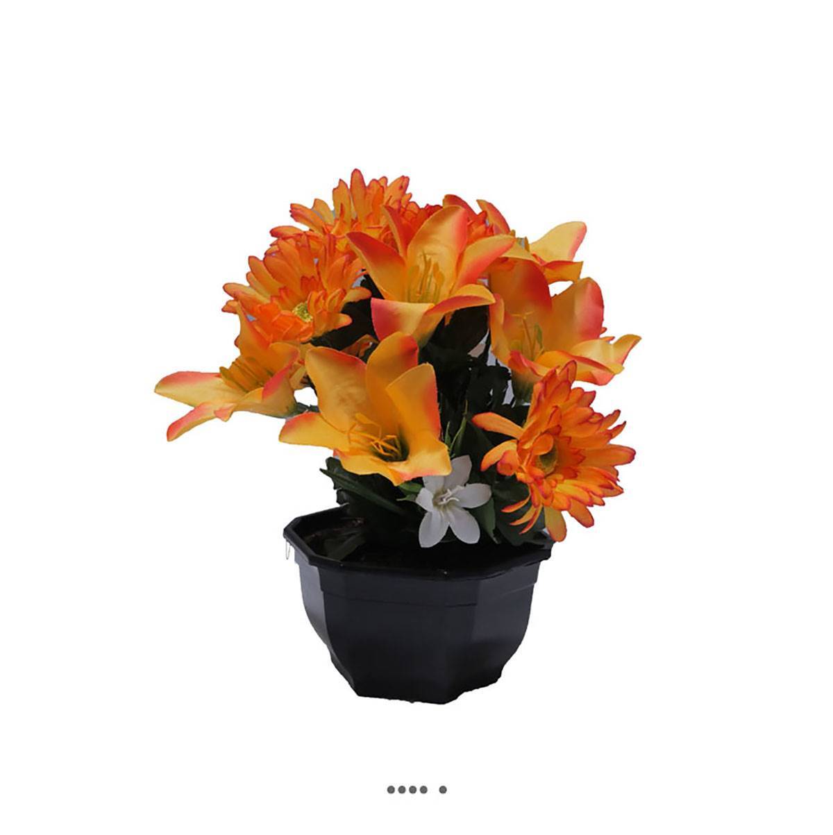 Vasque de lys et gerberas artificiels orange pour cimetière H28cm