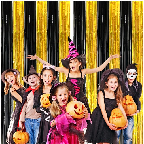 2 Pack Black & Gold Foil Fringe Curtains Party Photo Booth Backdrops - Picture 5 of 7