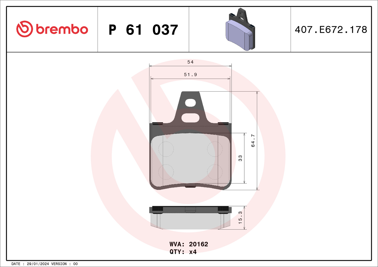 P 61 037 BREMBO Brake Pad Set, disc brake for CITROËN