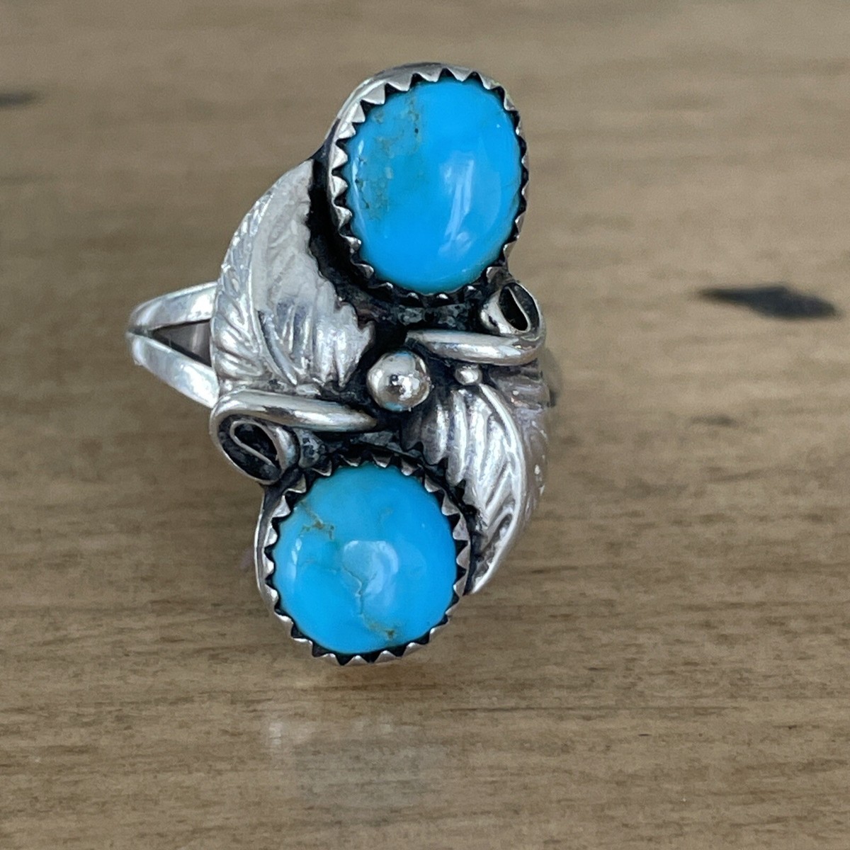 Vintage Southwestern Sterling Silver Turquoise Leaf Beaded Ring Sz  display picture 1