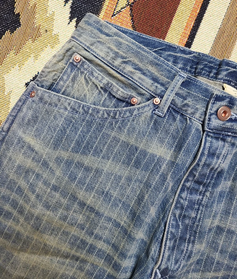 Denim desgastado duplo RL RRL Ralph Lauren listrado índigo ferrovia Wabash J G2U - Imagem 3 de 4