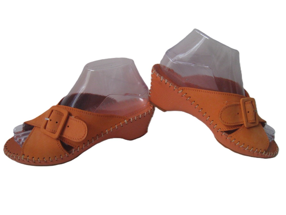NATURAL SPORT ORANGE LEATHER BUCKLE WEDGE SANDALS US HOT RARE