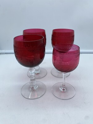 Bohemian Cordial Wine Glasses 5.25'' Tall Cranberry Red Etched Set of 4   H39