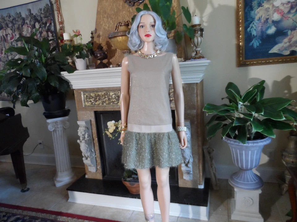 Moschino Beige-Sage Green Sheath Dress w/Knit Skirt & Lurex Detail Size US 8 - Image 3 of 4