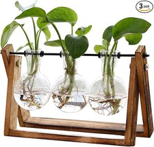 Plant Terrarium w/ Wooden Stand 3 Bulb Glass Vase Hydroponic Retro Tabletop