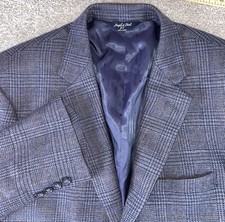 Joseph Feiss Gold Blazer 100 Lambswool Blue Knit Plaid 40R Preppy Houndstooth
