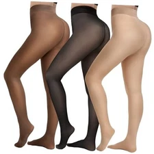  3 Pairs Fleece Lined Tights Women - Warm Small Translucent Black+coffee+nude