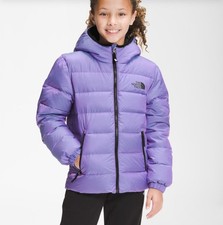 North Face Girls Goose Down Reversible 550 Puffer Hooded Jacket Purple XL 18