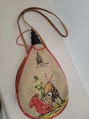 VTG Leather Bota Bag Spanish Wineskin Recuerdo de Sevilla Bullfight 1 1/2 Liter