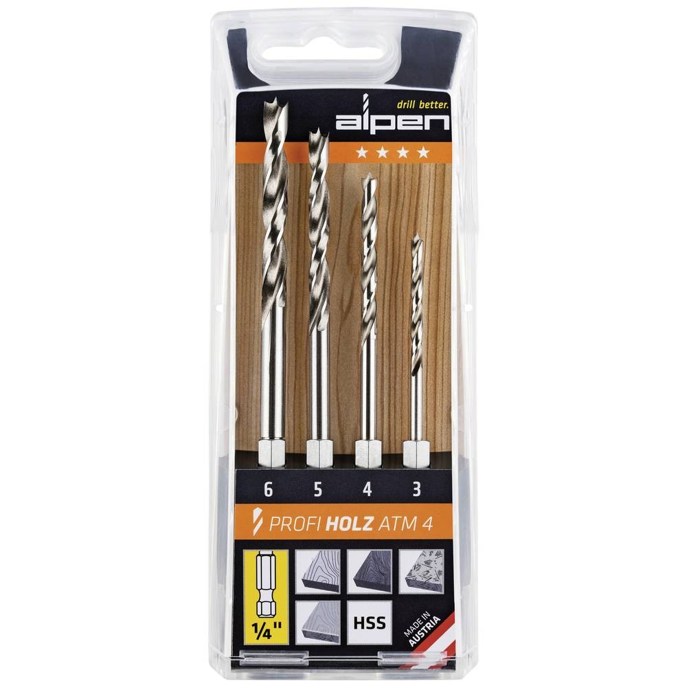 Jeu de 4 forets à bois Alpen hss avec queue 1/4 pouce pour percage précis