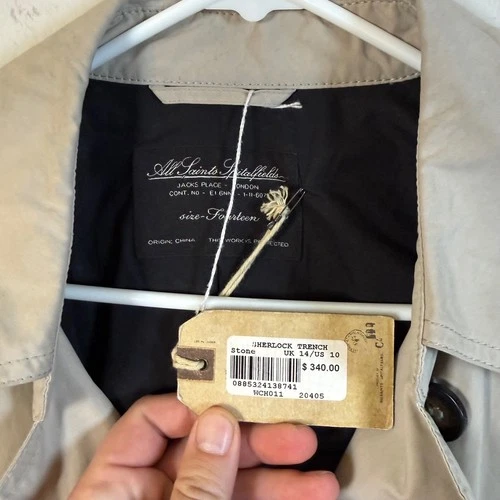 AllSaints Sherlock Trench Coat Stone Beige Double Breasted Womens US 10 image 2