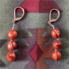 Beaded Dangle Earrings Red Silver Round Beads Wire Leverback 2 Inch Women
