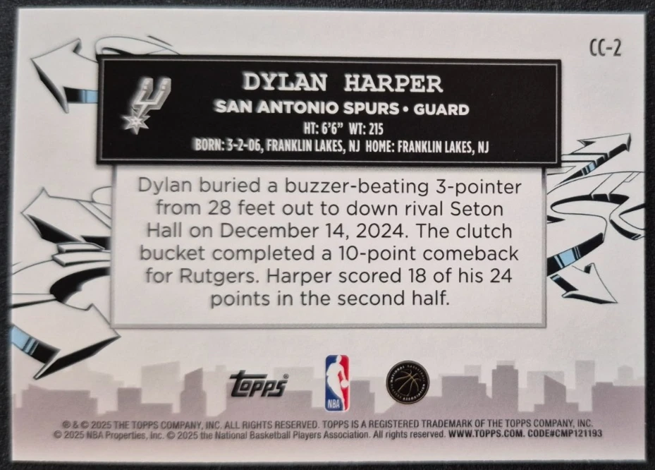 2025-26 Topps Basketball Clutch Prospects Rookie Dylan Harper #CC-2 - Image 2 of 2
