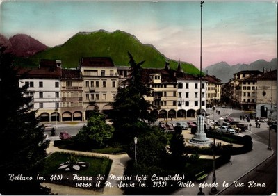 Belluno Italy Piazza Martiri Campitello M. Serva Hand-Colored Postcard 1959