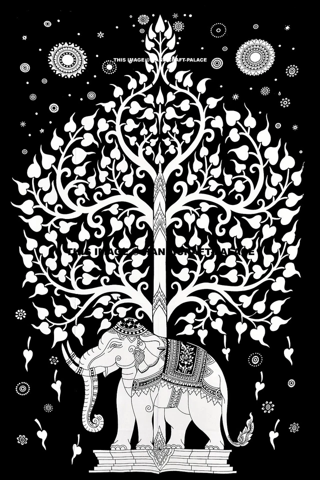 ELEPHANT TREE OF LIFE PRINTED TWIN TAPESTRY BEDSPREAD INDIAN BLACK BEDSHEET SET - Image 2 of 2