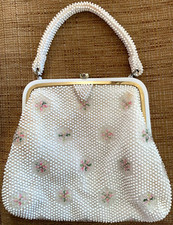 Vintage Corde  -Bead Lumered Handbag Purse w/ Mirror White Pink Green Floral USA