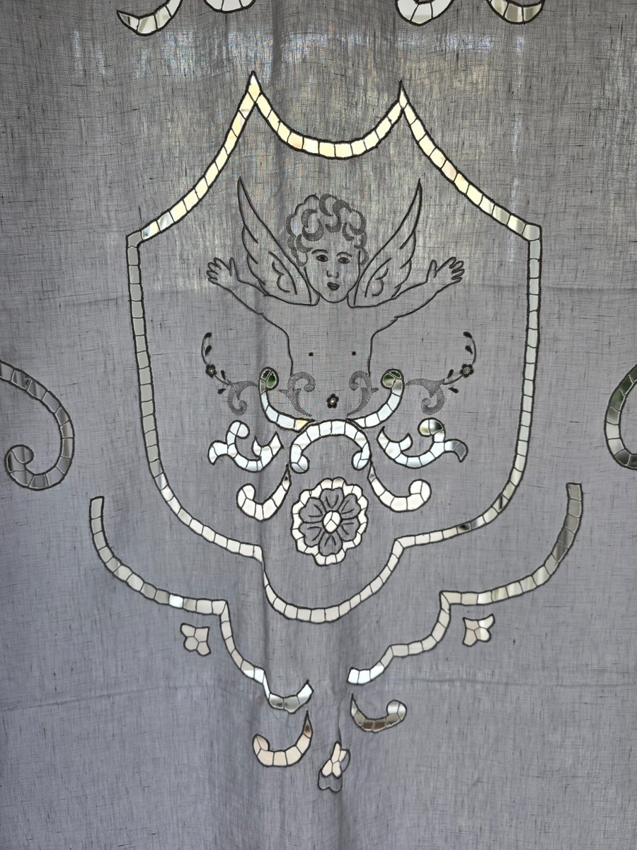 Rideau En Lin Brodé Main Bellora 210x300cm – Écru – Motif Anges – Made In Italy