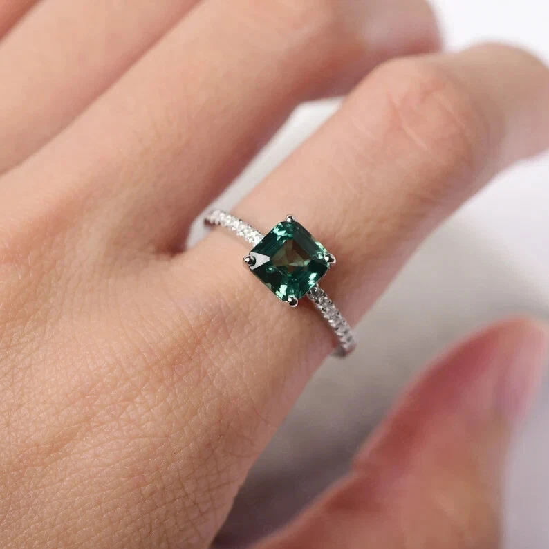 Anillo de compromiso Asscher corte 7x7 mm zafiro verde, anillo nupcial Foto 3 de 3