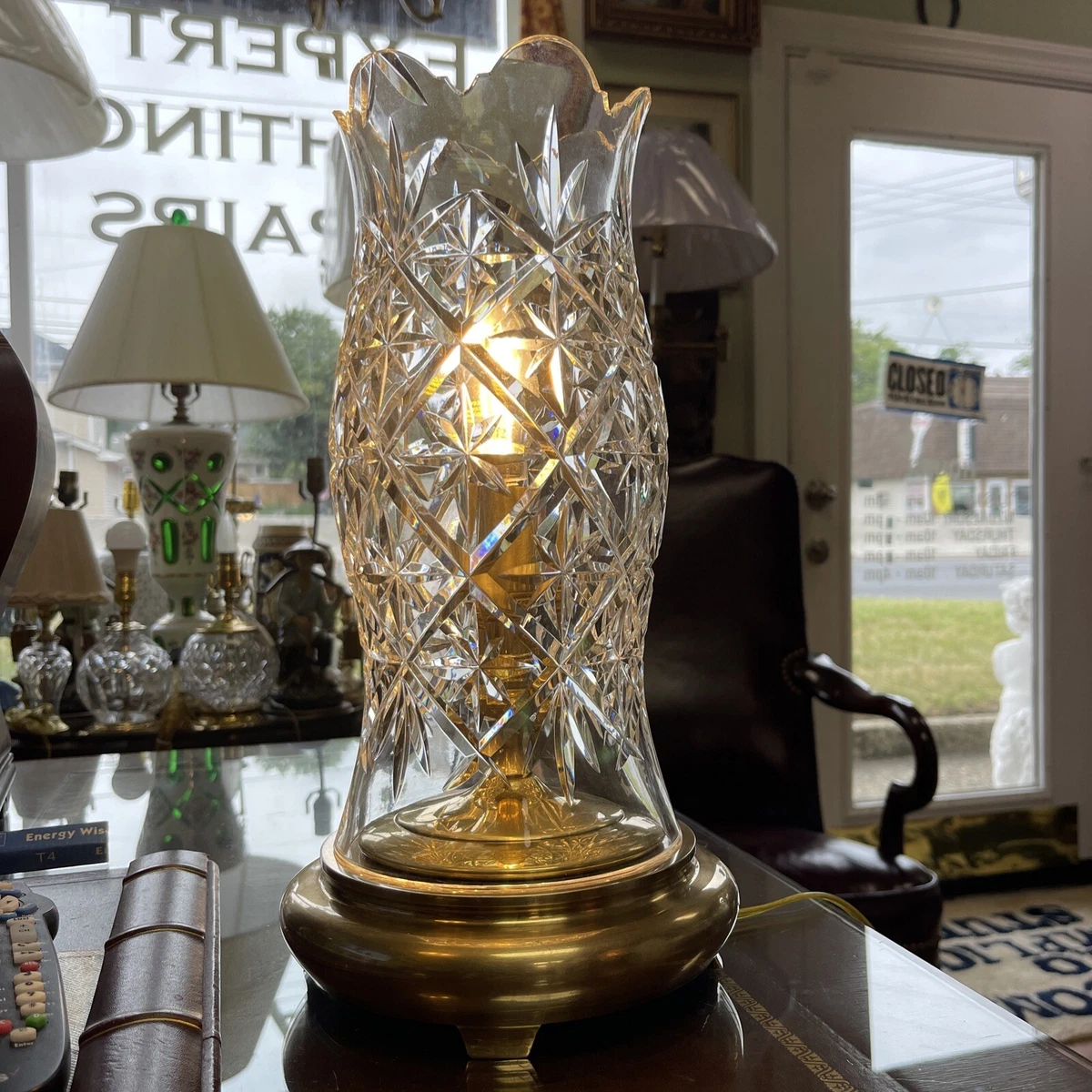 Beautiful Waterford Crystal Hurricane Lamp With Heavy Brass Base