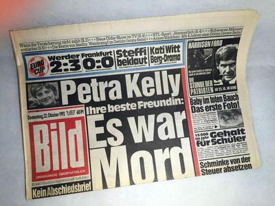 Bildzeitung vom 22.10.1992 * Petra Kelly Mord ? 24. 25. 26. Geburtstag         