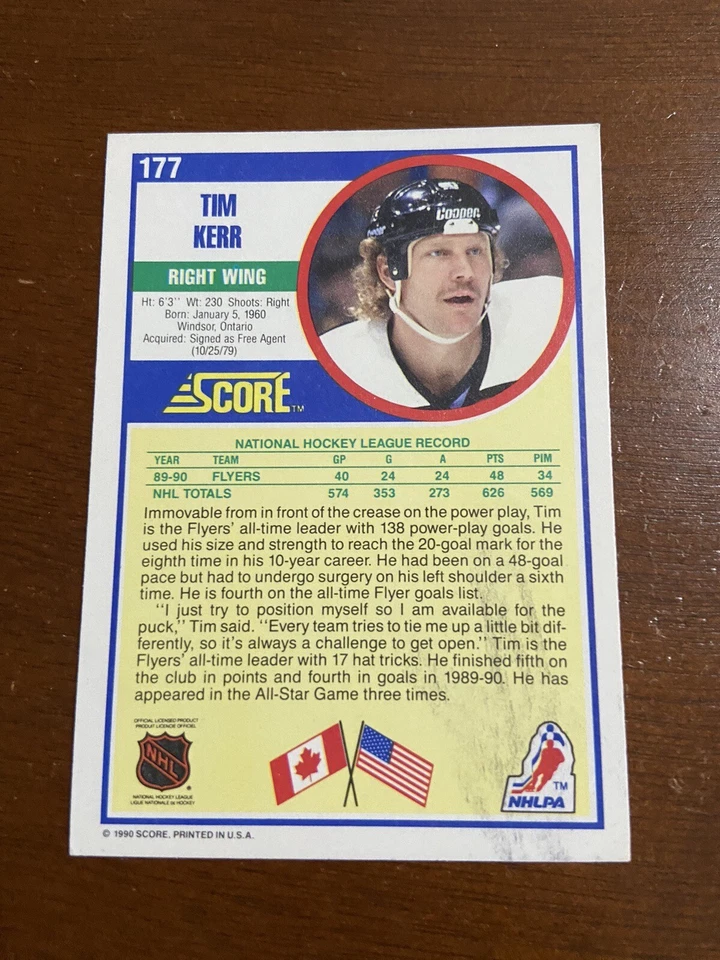 1990-91 Score Hockey Card Tim Kerr Autographed Philadelphia Flyers #177 - Image 2 of 2