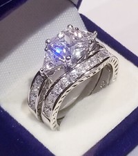Clearance 3.50 Ct Princess simulated Diamond Engagement ring set Solid Sterling