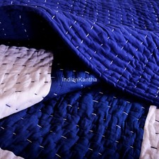 Handmade Blanket baby Cotton Kantha Quilts Soft Bedspread Blue White custom size