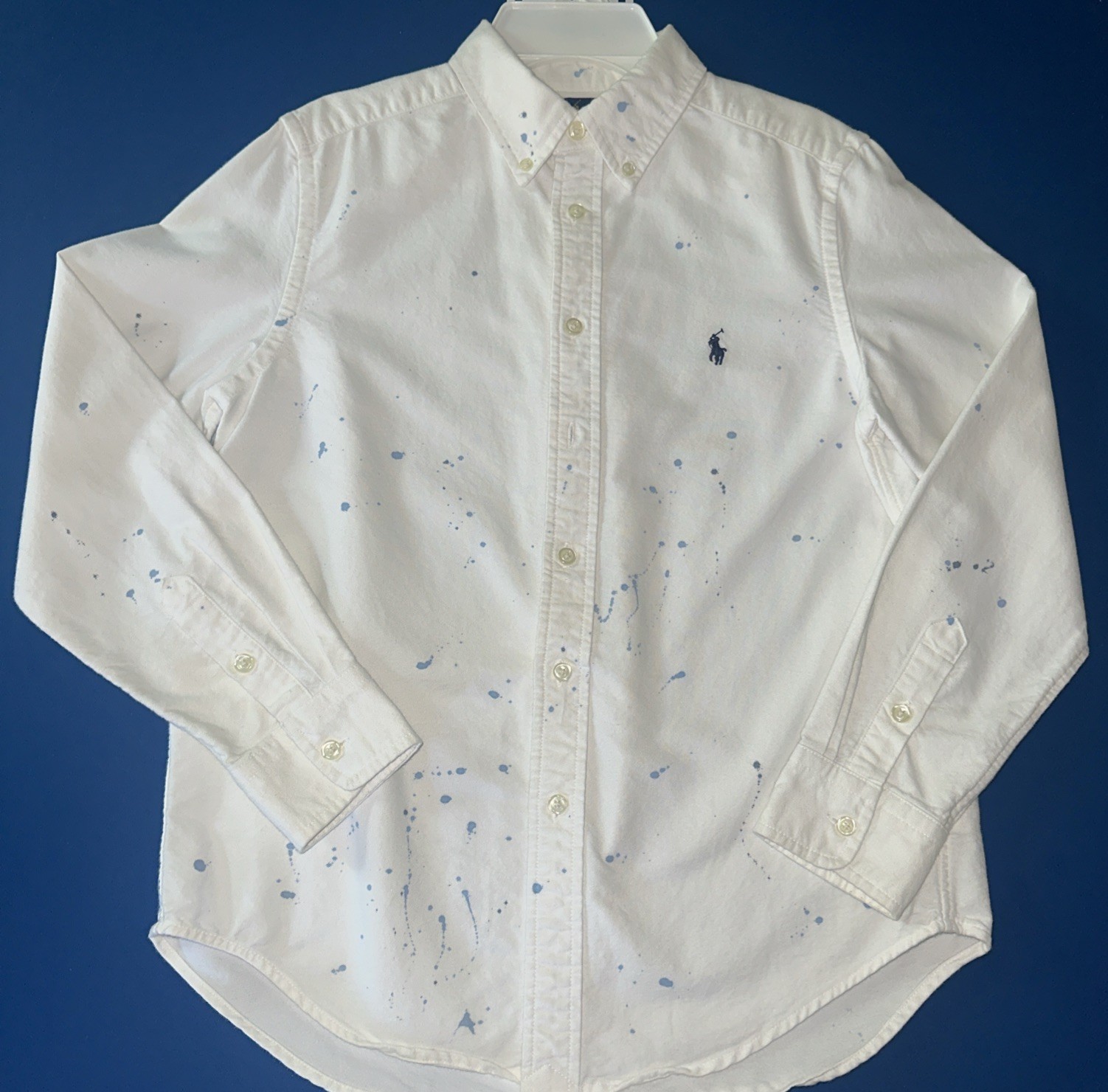 Ralph Lauren Boys White Button Down Blue Paint Splatter Oxford Shirt Sz. 10-12