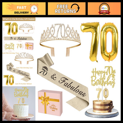 70th Birthday Decorations for Women - Gold Sash, Tiara, Cake Topper, Balloons &