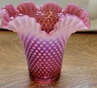 Vintage 8” Fenton Cranberry Pink Opalescent Hobnail Ruffled Art Glass