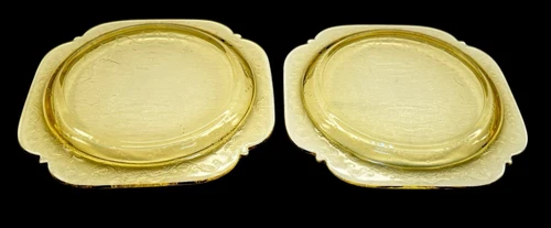 Set of 2 Vintage Federal Glass Madrid Amber Dinner Plates 10 3/8" Square 1930s