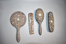 Punzone in alpacca argentato stile liberty antico vintage set spazzola specchio pettine #A3