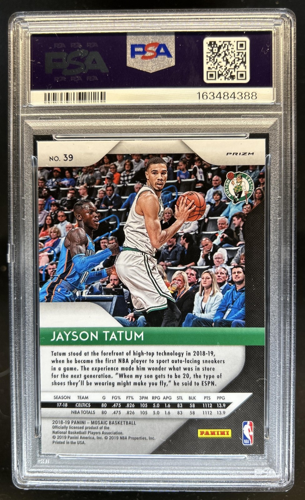 2018-19 Panini Mosaic Prizm Jayson Tatum #39 Celtics PSA 9 view 2