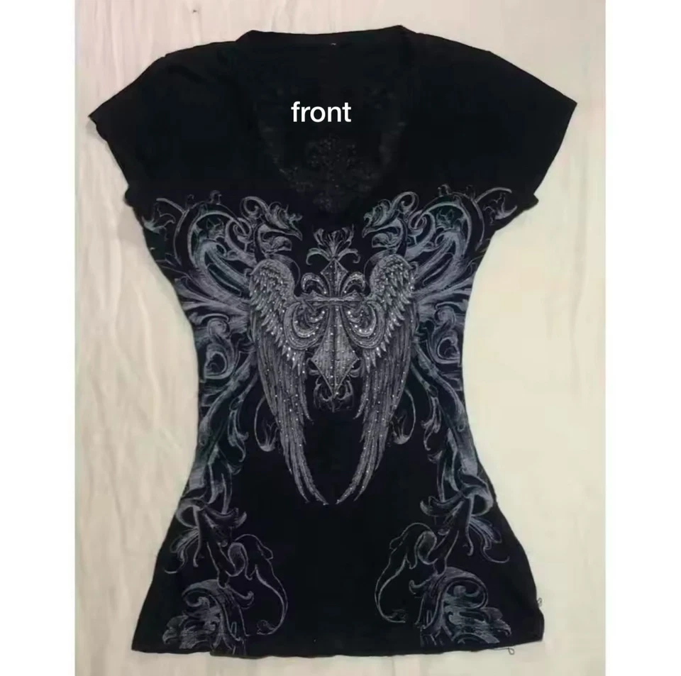 Y2K Affliction Angel Emo Black Punk Fitted Top Goth Girls Women - Imagem 2 de 3