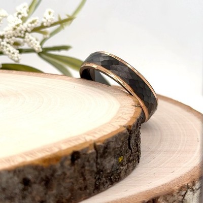 6mm Black Faceted Tungsten Ring Rose Gold Polished Edges Band For Christmas Gift