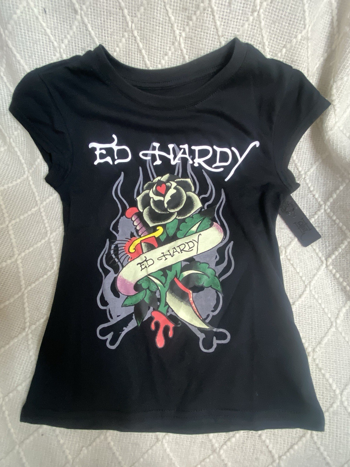 Ed Hardy Black Multicolor Graphic Tattoo Print T-Shirt Women S Cap Sleeve Crew