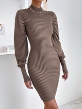 Shein Mock Neck Ribbed Knit Sweater Dress Mocha Brown Size Small EUC