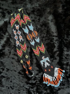 Black And Colored Native American Beaded Necklace Geometric Patterns And Bird