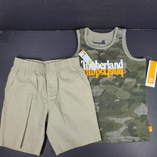 2 Pc Set Timberland Boys Shorts  Tank Top Soft Cotton Camo Beige Sz 4T