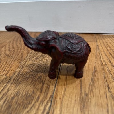 Elephant Red Resin Figurine in Festive Parade Costume Trunk Up For Good Luck Vtg