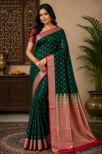 Emerald Green Banarasi Silk Saree   Golden Zari Woven Border, Festive Wear