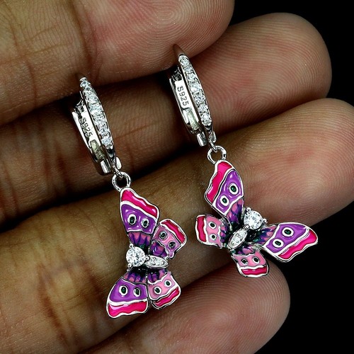 Summer 925 Sterling Silver Earrings Round Simulated Cz Gemstone Butterfly Enamel - Picture 2 of 13