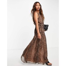 ASOS Design Leopard Print Midi Dress Ruched Waist Animal Print Size 14