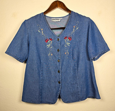 Gina Peters VTG Denim Shirt Womens L Blue Cotton Floral Embroidered Button Up