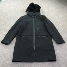 The Arrivals Coat Womens Small Black Hooded Parka Faux Fur Lined Zip Pockets