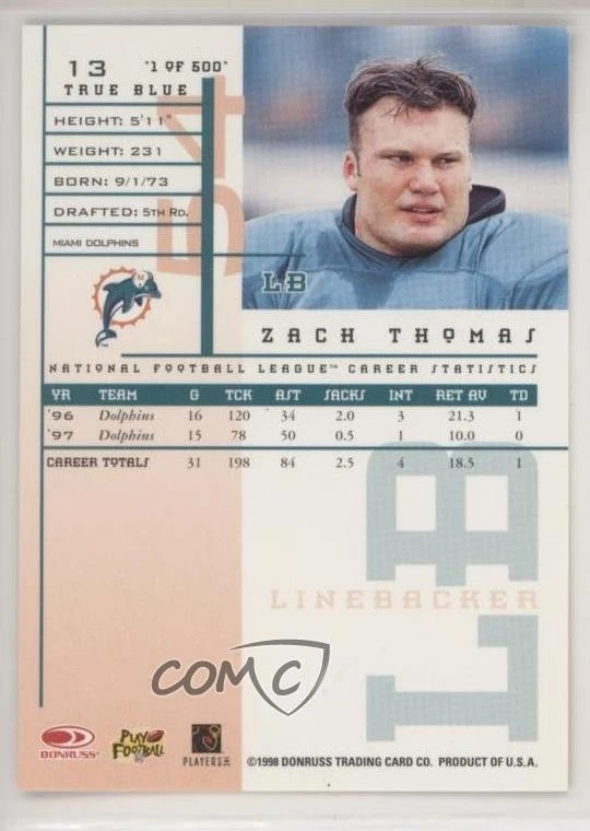 1998 Leaf Rookies & Stars True Blue /500 Zach Thomas #13 HOF - Image 2 of 2