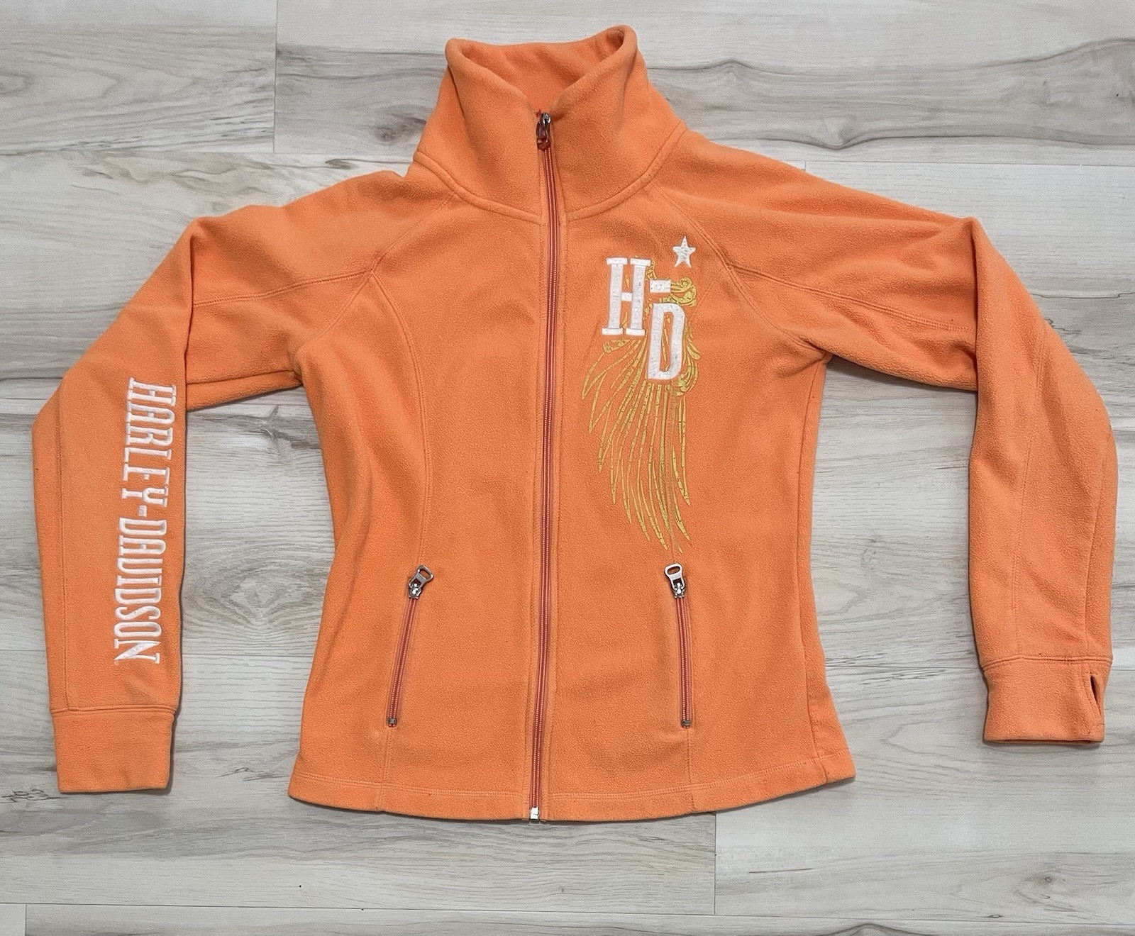 Harley Davidson Womens Orange Fleece Jacket Full Zip HD Wing Graphic Size M