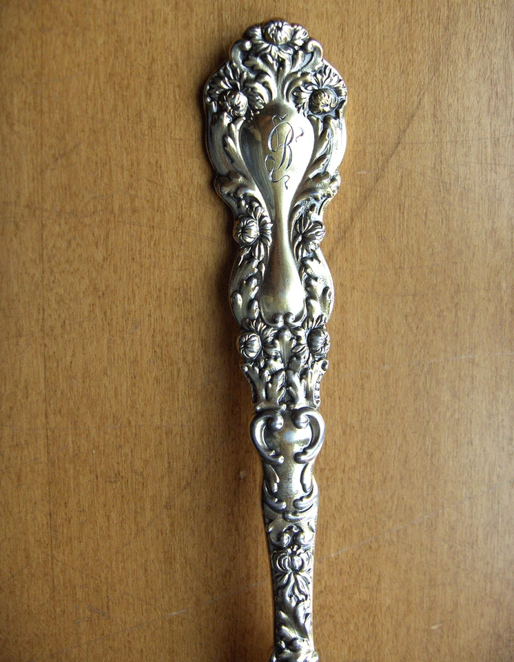 Gorham Imperial Chrysanthemum sterling silver asparagus fork~Gold wash~1894 Foto 4 de 4