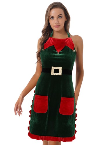 Women's Christmas Funny Elf Apron Waist Ties Maid Apron with Two Pockets Costume - 第 2/11 張圖片